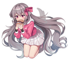 Rule 34 | 1girl, :3, absurdres, bad id, bad pixiv id, biting, blush, bow, breasts, clothes writing, drawstring, eating, food, full body, grey hair, hair between eyes, hair bow, highres, holding, holding food, hood, hood down, hoodie, jumping, layered sleeves, long hair, long sleeves, looking at food, looking away, miniskirt, pink bow, pink eyes, pink hoodie, pleated skirt, real life, salukino, shiny skin, shoes, simple background, skirt, sleeves past wrists, solo, tail, very long hair, white background, white footwear, white skirt, wrapper, yangazi (dkwl025)