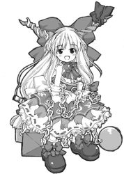 Rule 34 | 1girl, belt, bow, chain, female focus, flowergarden, full body, greyscale, hair bow, horns, ibuki suika, long hair, looking at viewer, monochrome, open mouth, ribbon trim, shirt, shoes, simple background, skirt, sleeveless, sleeveless shirt, smile, solo, standing, touhou, very long hair, white background, wrist cuffs