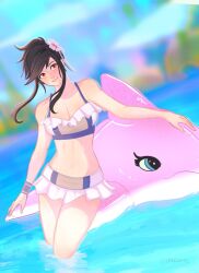 Rule 34 | 1girl, bare shoulders, bikini, black hair, blurry, blurry background, breasts, cleavage, closed mouth, final fantasy, final fantasy vii, final fantasy vii rebirth, final fantasy vii remake, flower, frilled bikini, frills, hair flower, hair ornament, highres, inflatable dolphin, inflatable toy, large breasts, light blush, looking at viewer, midriff, official alternate costume, outdoors, partially submerged, pink flower, red eyes, sidelocks, smile, solo, swept bangs, swimsuit, tifa lockhart, tifa lockhart (shining spirit), twitter username, updo, vanekairi, wristband