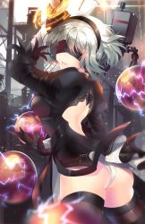 Rule 34 | 1girl, absurdres, ass, black dress, black gloves, blindfold, bob cut, breasts, dress, feather trim, gloves, hairband, highres, holding, holding weapon, medium breasts, mole, mole under mouth, nier (series), nier:automata, outdoors, pod (nier:automata), puffy sleeves, short dress, short hair, sparkle, squchan, sword, weapon, white hair, 2b (nier:automata)