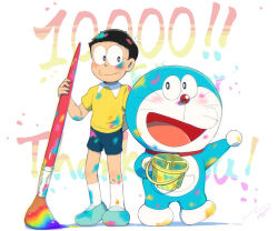 Rule 34 | 1boy, :d, art brush, artist name, black eyes, black hair, blue footwear, blue shorts, blush, bright pupils, bucket, closed mouth, collar, collared shirt, commentary request, doraemon, doraemon (character), full body, glasses, looking at another, male focus, masser0209, milestone celebration, nobi nobita, open mouth, paint, paint on body, paint on clothes, paint splatter, paint splatter on face, paintbrush, red collar, shirt, shoes, short hair, short sleeves, shorts, sideways glance, signature, simple background, smile, socks, standing, whiskers, white background, white pupils, white socks, yellow shirt