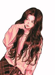 Rule 34 | 1girl, absurdres, animification, bag, brown bag, brown eyes, brown hair, brown skirt, finger in own mouth, handbag, highres, jewelry, k-pop, long hair, looking to the side, mamamoo, necklace, pink sweater, plaid, plaid skirt, real life, siiideee, skirt, solo, sweater, wheein (mamamoo), white background