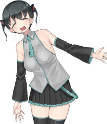 Rule 34 | 1girl, bare shoulders, black hair, blush, breasts, cosplay, detached sleeves, closed eyes, happy, hatsune miku, hatsune miku (cosplay), leaning to the side, long hair, man (man-room), necktie, open mouth, original, pleated skirt, shirt, simple background, skirt, smile, solo, thighhighs, twintails, vocaloid, white background, zettai ryouiki