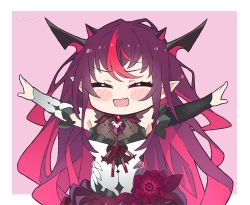 Rule 34 | 1girl, arms up, asymmetrical sleeves, blush, closed eyes, fang, flower, hololive, hololive english, horns, irys (hololive), irys (irys 1.0) (hololive), kukie-nyan, multicolored hair, pink background, pointy ears, purple hair, solo, two-tone hair, virtual youtuber