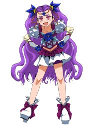 Rule 34 | 1girl, :d, absurdres, bike shorts, collarbone, colored eyelashes, earrings, ebura din, full body, hands on own hips, highres, jewelry, leaning forward, long hair, magical girl, midriff, milky rose, miniskirt, navel, open mouth, precure, purple hair, purple shorts, red eyes, short shorts, shorts, shorts under skirt, simple background, skirt, smile, solo, stomach, twintails, very long hair, white background, white footwear, white skirt, yes! precure 5, yes! precure 5 gogo!