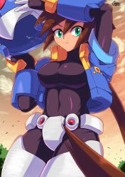 Rule 34 | 1girl, 2018, absurdres, aile (mega man zx), alternate breast size, bodystocking, bodysuit, breasts, cloud, cowboy shot, cropped jacket, green eyes, helmet, highres, jacket, large breasts, long hair, mega man (series), mega man zx, mega man zx advent, model x (mega man), ponytail, shoutaro saito, signature, skin tight, solo, sweat, tagme, taut clothes, very long hair