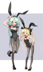 Rule 34 | 2girls, ;d, animal ears, arm up, black legwear, blonde hair, blue eyes, blush, bow, breasts, rabbit ears, rabbit tail, cleavage, fake animal ears, full body, green eyes, green hair, hair bow, hand on own hip, high heels, katahira masashi, long hair, looking at viewer, medium breasts, multiple girls, one eye closed, open mouth, original, outside border, pantyhose, playboy bunny, shoe dangle, shoes, small breasts, smile, standing, standing on one leg, tail, twintails, v, wink, wrist cuffs