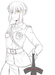 Rule 34 | 1girl, alternate costume, artoria pendragon (fate), belt, braid, breasts, epaulettes, excalibur morgan (fate), fate/stay night, fate (series), french braid, hands on hilt, military, military uniform, monochrome, necktie, pleated skirt, saber (fate), saber alter, sidelocks, skirt, solo, spot color, strap, sword, tusia, uniform, weapon, yellow eyes