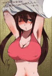 Rule 34 | 10s, 1girl, armpits, arms up, bad id, bad pixiv id, blue eyes, blush, breasts, brown hair, cleavage, covered erect nipples, creatures (company), double bun, game freak, hair bun, halterneck, large breasts, long hair, midriff, navel, niku (dance-siva), nintendo, one eye closed, pokemon, pokemon bw2, rosa (pokemon), solo, sweat, translation request, twintails, undressing, wink