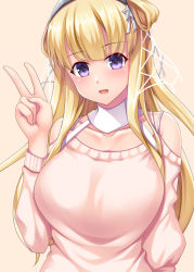 Rule 34 | 1girl, absurdres, blonde hair, blue eyes, blush, breasts, collarbone, fletcher (kancolle), hair bun, highres, kantai collection, large breasts, long hair, long sleeves, open mouth, pink background, pink sweater, ruin re birth, side bun, simple background, single side bun, smile, solo, sweater, upper body, v