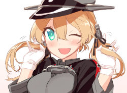 Rule 34 | 10s, 1girl, ;d, aqua eyes, blew andwhite, blonde hair, blush, gloves, hands in hair, hat, kantai collection, long hair, looking at viewer, military, military uniform, one eye closed, open mouth, peaked cap, prinz eugen (kancolle), simple background, smile, solo, twintails, uniform, white background, white gloves