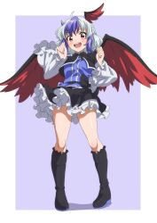 Rule 34 | 1girl, :d, blush, boots, feathered wings, grey background, gyouza (mhea5724), hands up, highres, horns, knee boots, looking at viewer, medium hair, multicolored hair, open mouth, pigeon-toed, red eyes, simple background, smile, solo, streaked hair, tokiko (touhou), touhou, two-tone hair, wings