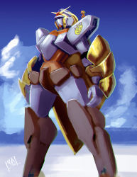 Rule 34 | 1girl, absurdres, ahoge, blonde hair, bodysuit, breasts, checkerboardazn, crossover, day, ember celica (rwby), g gundam, gundam, highres, large breasts, long hair, mecha, mechanical, mechanization, mobile trace suit, nobel gundam, outdoors, purple eyes, robot, rwby, science fiction, solo, standing, super robot, wavy hair, yang xiao long