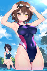 Rule 34 | 2girls, absurdres, ahoge, alternate costume, armpits, black hair, blue eyes, blue one-piece swimsuit, blue sky, brown eyes, brown hair, cloud, competition swimsuit, covered navel, day, furutaka (kancolle), goggles, goggles on head, green one-piece swimsuit, heterochromia, highleg, highres, ichi-jirushi, kako (kancolle), kantai collection, long hair, looking at another, looking at viewer, multicolored clothes, multicolored swimsuit, multiple girls, one-piece swimsuit, outdoors, ponytail, pool, purple one-piece swimsuit, short hair, sitting, sky, soaking feet, standing, swim goggles, swimsuit, tree, wading, wet, white one-piece swimsuit, yellow eyes