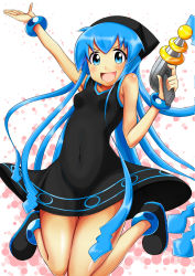 Rule 34 | &gt;:d, 1girl, :d, alternate color, ankle boots, bare shoulders, black dress, blue eyes, blue hair, boots, breasts, covered navel, dark persona, dress, energy gun, finger on trigger, hat, hip focus, ikamusume, jumping, kawa, long hair, looking at viewer, matching hair/eyes, open mouth, ray gun, shinryaku! ikamusume, simple background, small breasts, smile, solo, squid hat, sundress, tan, tentacle hair, thighs, v-shaped eyebrows, very long hair, weapon, wide hips