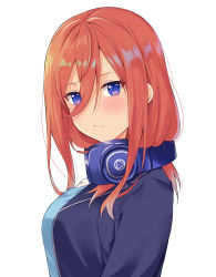 Rule 34 | 1girl, blue eyes, blue jacket, blue sweater, closed mouth, comic lo, from side, go-toubun no hanayome, hair between eyes, headphones, headphones around neck, highres, hofumaso, jacket, long hair, looking at viewer, nakano miku, open clothes, open jacket, red hair, simple background, solo, straight hair, sweater, upper body, white background
