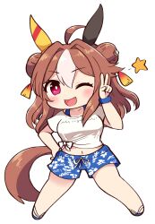 Rule 34 | 1girl, absurdres, ahoge, alternate costume, animal ears, brown hair, copano rickey (umamusume), double bun, ear covers, flip-flops, gaze on me! outfit (umamusume), hair between eyes, hair bun, hand on own hip, highres, horse ears, horse girl, horse tail, long hair, looking at viewer, midriff, navel, one eye closed, open mouth, red eyes, sandals, shirt, short sleeves, simoyuki, simple background, smile, solo, tail, tied shirt, umamusume, v, white background, white shirt