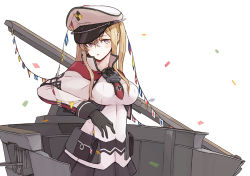 Rule 34 | 10s, 1girl, blonde hair, blue eyes, breasts, capelet, celtic knot, enu (roco roco44), female focus, gloves, graf zeppelin (kancolle), grey eyes, hat, kantai collection, large breasts, machinery, miniskirt, peaked cap, skirt, solo, tail, twintails, uniform