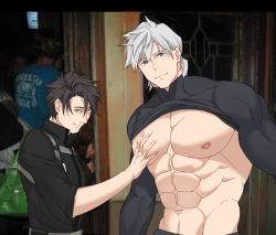 Rule 34 | 2boys, abs, bara, bare pectorals, black bodysuit, blue eyes, bodysuit, clothes lift, commentary, english commentary, fate/grand order, fate (series), fujimaru ritsuka (male), fujimaru ritsuka (male) (polar chaldea uniform), grabbing, large pectorals, looking at viewer, male focus, meme, multiple boys, muscular, muscular male, navel, nipples, osmond, parody, pectoral grab, pectoral grab (meme), pectorals, percival (fate), photo background, shirt lift, short hair, smile, upper body, white hair, yaoi