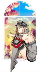 Rule 34 | 1girl, autumn leaves, bismarck (kancolle), blonde hair, blue eyes, blue sky, blush, breasts, cloud, commentary request, cross, elbow gloves, gloves, gradient sky, grey thighhighs, hair between eyes, hat, hiyoshi hana, iron cross, kantai collection, large breasts, long hair, military, military uniform, no shoes, peaked cap, sitting, sky, sleeveless, smile, solo, thighhighs, tree, uniform, white background, window, yellow sky
