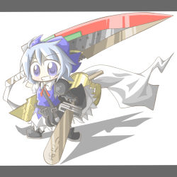 Rule 34 | 1girl, advent cirno, aoblue, blue hair, blush, bow, cirno, dual wielding, grin, hair bow, holding, long sleeves, puffy sleeves, purple eyes, short hair, short sleeves, smile, solo, sword, touhou, weapon