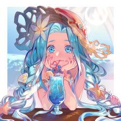 Rule 34 | 1girl, blue eyes, blue hair, blurry, blurry background, blush, braid, commentary, cup, day, dress, drinking, drinking glass, english commentary, food, fruit, glass, granblue fantasy, hands on own cheeks, hands on own face, hat, head rest, highres, hurricane glass, lemon, lemon slice, long hair, looking at viewer, lyria (daughter of pearl) (granblue fantasy), lyria (granblue fantasy), outdoors, parted lips, scrunchie, sitting, smile, solo, sun hat, table, twin braids, very long hair, white dress, wrist scrunchie, yamikio