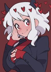 Rule 34 | 1girl, azuumori, black suit, blush, breasts, closed mouth, commentary, demon girl, demon horns, english commentary, formal, heart, heart-shaped pupils, helltaker, highres, horns, large breasts, layered sleeves, long sleeves, looking at viewer, medium hair, modeus (helltaker), red background, red eyes, simple background, sleeves past wrists, smile, suit, sweater, symbol-shaped pupils, upper body, wavy mouth, white hair