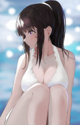 Rule 34 | 1girl, absurdres, bare shoulders, bikini, black hair, blunt bangs, blush, breasts, chitanda eru, cleavage, closed mouth, collarbone, feet out of frame, highres, hyouka, knees up, large breasts, long hair, looking away, looking to the side, ponytail, purple eyes, sidelocks, sitting, solo, swimsuit, white bikini, yamamimio