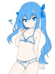 Rule 34 | 1girl, bad tag, bare arms, bare shoulders, blue bow, blue eyes, blue hair, bow, bow bra, bow panties, bra, collarbone, crescent, fahsai, fahsaipersonalsecretary, hair between eyes, hair ornament, hand up, heart, highres, long hair, looking at viewer, navel, non-web source, panties, parted lips, simple background, solo, tagme, twintails, underwear, underwear only, white background, white bra, white panties