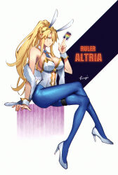 Rule 34 | 1girl, absurdres, animal ears, artist name, artoria pendragon (all), artoria pendragon (fate), artoria pendragon (swimsuit ruler) (fate), bare shoulders, blonde hair, blue necktie, blue pantyhose, braid, breasts, card, character name, cleavage, closed mouth, clothing cutout, commentary, crossed legs, detached collar, fake animal ears, fate/grand order, fate (series), feather boa, fishnet pantyhose, fishnets, french braid, full body, gold trim, green eyes, hair over one eye, hand up, high heels, high ponytail, highres, hiiragi (karashriker), holding, holding card, large breasts, leotard, long hair, looking at viewer, looking to the side, navel, navel cutout, necktie, one eye covered, pantyhose, playboy bunny, ponytail, rabbit ears, sidelocks, sitting, solo, strapless, strapless leotard, tiara, white footwear, white leotard, white wrist cuffs, wrist cuffs