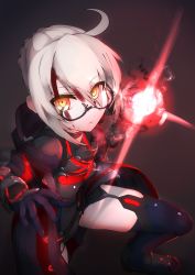 Rule 34 | 1girl, absurdres, ahoge, artoria pendragon (fate), black-framed eyewear, black background, black coat, blue gloves, blue thighhighs, breasts, coat, fate/grand order, fate (series), garter straps, gini university, glasses, gloves, hair between eyes, highres, hood, hooded coat, looking at viewer, mysterious heroine x alter (fate), mysterious heroine x alter (third ascension) (fate), open clothes, open coat, orange eyes, semi-rimless eyewear, sidelocks, silver hair, small breasts, solo, thighhighs, under-rim eyewear