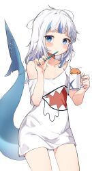 Rule 34 | 1girl, ahoge, averting eyes, blue eyes, blue hair, blunt bangs, blush stickers, brushing teeth, commentary, cowboy shot, cup, ebi-chan (gawr gura), fins, fish tail, gawr gura, highres, holding, holding cup, holding toothbrush, hololive, hololive english, medium hair, multicolored hair, off shoulder, orobou, oversized clothes, oversized shirt, shark girl, shark print, shark tail, shirt, short sleeves, shrimp, simple background, streaked hair, tail, tail raised, toothbrush, toothbrush in mouth, unkempt, virtual youtuber, white background, white hair, white shirt