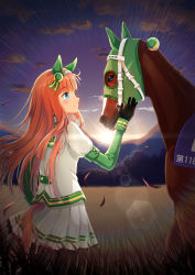 Rule 34 | 1girl, 1other, absurdres, animal ears, aqua eyes, black gloves, blunt bangs, commission, creature and personification, ear covers, gloves, hairband, highres, hime cut, horse, horse ears, horse girl, horse tail, long hair, looking at another, orange hair, pixiv commission, pleated skirt, sakurakkuma, silence suzuka (racehorse), silence suzuka (umamusume), skirt, sunrise, tail, umamusume, white hairband, white skirt