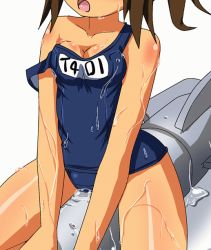 Rule 34 | 10s, 1girl, animated, animated gif, bouncing breasts, breasts, brown hair, cleavage, crotch rub, hangaku, i-401 (kancolle), kantai collection, name tag, one-piece swimsuit, school swimsuit, sexually suggestive, small breasts, solo, strap slip, swimsuit, torpedo, wet