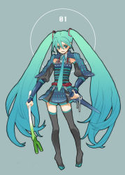 Rule 34 | aqua eyes, armor, bad id, bad pixiv id, detached sleeves, gradient hair, hatsune miku, long hair, multicolored hair, necktie, ogura (pixiv97931), skirt, solo, spring onion, thighhighs, twintails, vocaloid