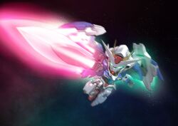 Rule 34 | 00 gundam, 00 raiser, absurdres, black background, chibi, chinese commentary, clenched hand, commentary, exhaust, flying, foreshortening, glowing, glowing eyes, green eyes, gun, gunblade, gundam, gundam 00, highres, holding, holding gun, holding sword, holding weapon, light particles, making-of available, mecha, mobile suit, motion blur, no humans, robot, science fiction, sd gundam, solo, sword, v-fin, weapon, zakuma