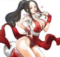 Rule 34 | 1girl, breasts, brown eyes, brown hair, cleavage, folded fan, hand fan, fatal fury, fingerless gloves, folding fan, gloves, japanese clothes, kazaana, large breasts, long hair, panties, pelvic curtain, ponytail, revealing clothes, shiranui mai, sideboob, snk, solo, the king of fighters, underwear