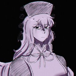 Rule 34 | 1girl, black background, commentary, english commentary, expressionless, greyscale, hair between eyes, junko (touhou), long hair, monochrome, otaeriaaoba, phoenix crown, pom pom (clothes), sash, simple background, solo, tabard, tears, touhou, upper body, very long hair