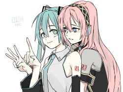 Rule 34 | 2girls, aqua eyes, aqua hair, artist name, bad id, bad pixiv id, blue eyes, blush, detached sleeves, electric flower, eye contact, hair ornament, hand gesture, hatsune miku, headphones, index finger raised, long hair, looking at another, megurine luka, multiple girls, nail polish, necktie, parted lips, pink hair, sleeveless, smile, teeth, twintails, upper body, vocaloid, white background