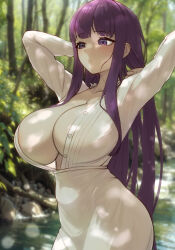 Rule 34 | 1girl, ai-assisted, areola slip, arms behind head, b project 18, blunt bangs, breasts, buttons, cleavage, closed mouth, collarbone, commentary, covered navel, dappled sunlight, dress, fern (sousou no frieren), highres, large breasts, long dress, long hair, looking ahead, outdoors, paid reward available, partially unbuttoned, purple eyes, purple hair, river, riverbank, sidelocks, solo, sousou no frieren, straight hair, sunlight, white dress