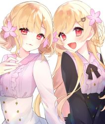 Rule 34 | 2girls, blonde hair, blush, chiyomaru (yumichiyo0606), closed mouth, commission, dress, fang, flower, hair flower, hair ornament, holding hands, indie virtual youtuber, looking at viewer, matching outfits, multiple girls, open mouth, pink eyes, siblings, sisters, skeb commission, virtual youtuber, yozakura mia, yozakura noa