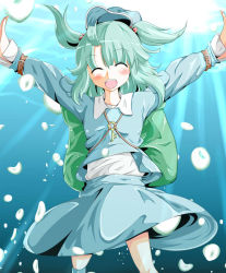 Rule 34 | 1girl, arms up, backpack, bag, blush, closed eyes, female focus, green hair, hat, highres, kawashiro nitori, key, minagokoro, open mouth, outstretched arms, smile, solo, touhou, two side up, underwater