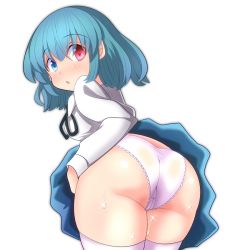 Rule 34 | 1girl, ass, bad id, bad pixiv id, blue eyes, blue hair, blush, heterochromia, looking at viewer, matching hair/eyes, oimo (imoyoukan), open mouth, panties, pussy juice, red eyes, short hair, simple background, skirt, solo, sweat, tatara kogasa, touhou, underwear, white background, white panties