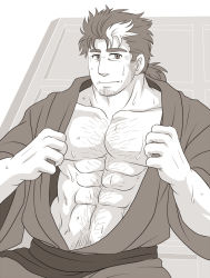 Rule 34 | 1boy, abs, bara, bare pectorals, chest hair, facial hair, goatee, japanese clothes, kimono, long sideburns, looking at viewer, male focus, mature male, medium hair, mononobe kyoma, multicolored hair, muscular, muscular male, navel, navel hair, nipples, no nipples, open clothes, open kimono, pectorals, sideburns, smile, solo, stomach, streaked hair, stubble, sunfight0201, sweat, thick eyebrows, tokyo houkago summoners, undressing