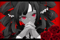 Rule 34 | 1girl, black bow, black hair, bow, clenched hands, commentary request, ear piercing, fingernails, flower, frills, goma irasuto, goth fashion, hairstyle request, head tilt, highres, long hair, looking at viewer, mole, original, piercing, red background, red eyes, red theme, rose, signature, simple background, solo