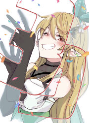 Rule 34 | 1girl, black gloves, blonde hair, blush, bow, commentary request, confetti, detached sleeves, elbow gloves, english text, gloves, green bow, green skirt, grin, highres, kyouno, long hair, looking at viewer, nijisanji, nijisanji en, one eye closed, pointy ears, pomu rainpuff, pomu rainpuff (1st costume), red eyes, shirt, simple background, skirt, smile, solo, upper body, virtual youtuber, w, white background, white shirt