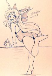 Rule 34 | 1girl, alternate costume, bare legs, barefoot, bow, breasts, commentary request, d-m (dii emu), eyelashes, gourd, greyscale, hair bow, horns, ibuki suika, leg up, long hair, looking at viewer, monochrome, one-piece swimsuit, oni horns, open mouth, sketch, small breasts, soles, swimsuit, toes, touhou, traditional media, very long hair