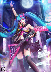 Rule 34 | 1girl, absurdres, arm up, blue hair, chromatic aberration, city, commentary request, copyright name, dated, duplicate, electric guitar, guitar, hatsune miku, headset, highres, instrument, long hair, looking at viewer, nail polish, necktie, night, oop, open mouth, photoshop (medium), pixel-perfect duplicate, purple eyes, shibuya (tokyo), skirt, solo, sparkle, tell your world (vocaloid), thighhighs, tokyo (city), twintails, very long hair, vocaloid