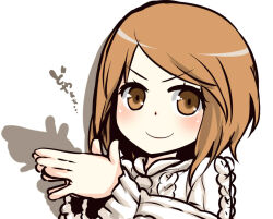 Rule 34 | 1girl, aran sweater, blush, brown eyes, brown hair, cable knit, closed mouth, commentary request, dot nose, hands up, i.u.y, kinuhata saiai, long hair, looking at viewer, medium hair, shadow, simple background, smile, solo, sweater, toaru majutsu no index, toaru majutsu no index: old testament, translation request, upper body, v-shaped eyebrows, white background, white sweater