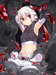 Rule 34 | adyisu, albino, altair floone, armpits, bare shoulders, belt, blush, breasts, creature, crystal, elbow gloves, frown, gloves, looking at viewer, medium breasts, navel, original, red eyes, restrained, shirt, short hair, sleeveless, sleeveless shirt, solo, tentacles, twitter username, white gloves, white hair